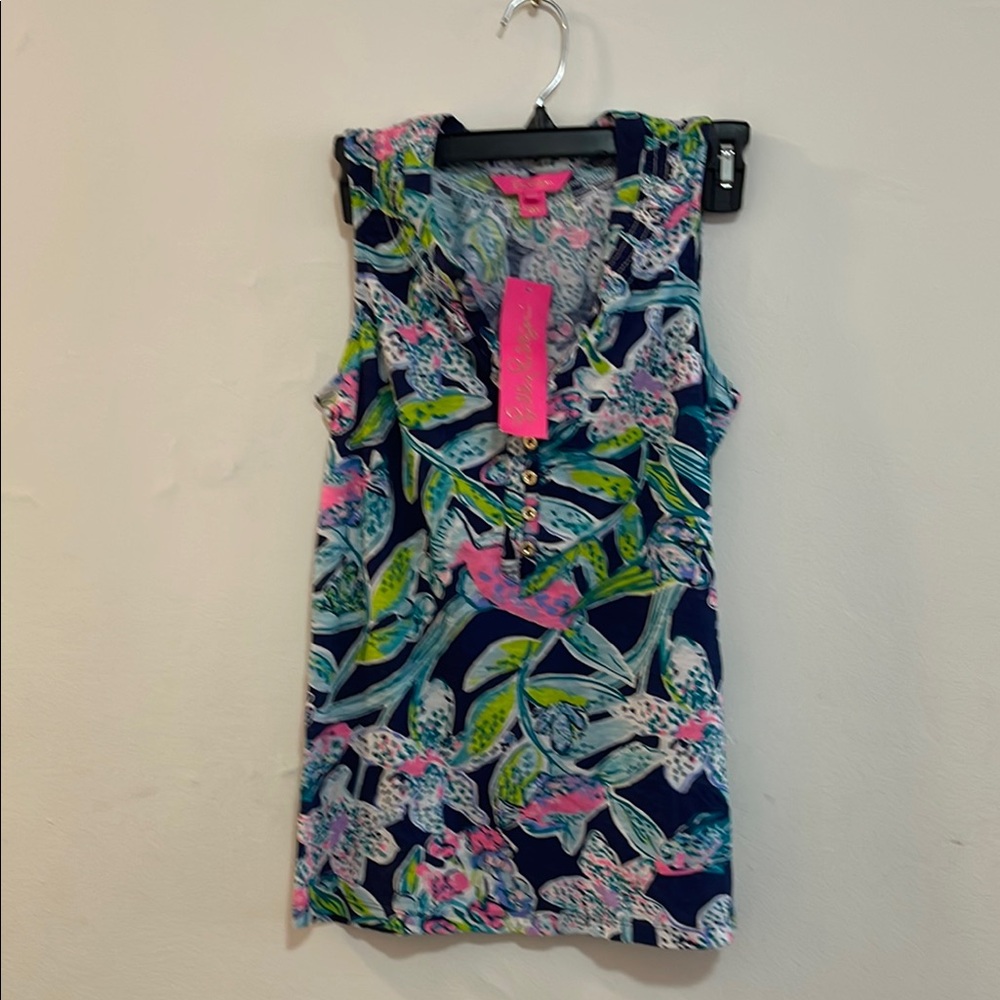 Lilly Pulitzer Pink and Blue Ruffled Sleeveless Blouse